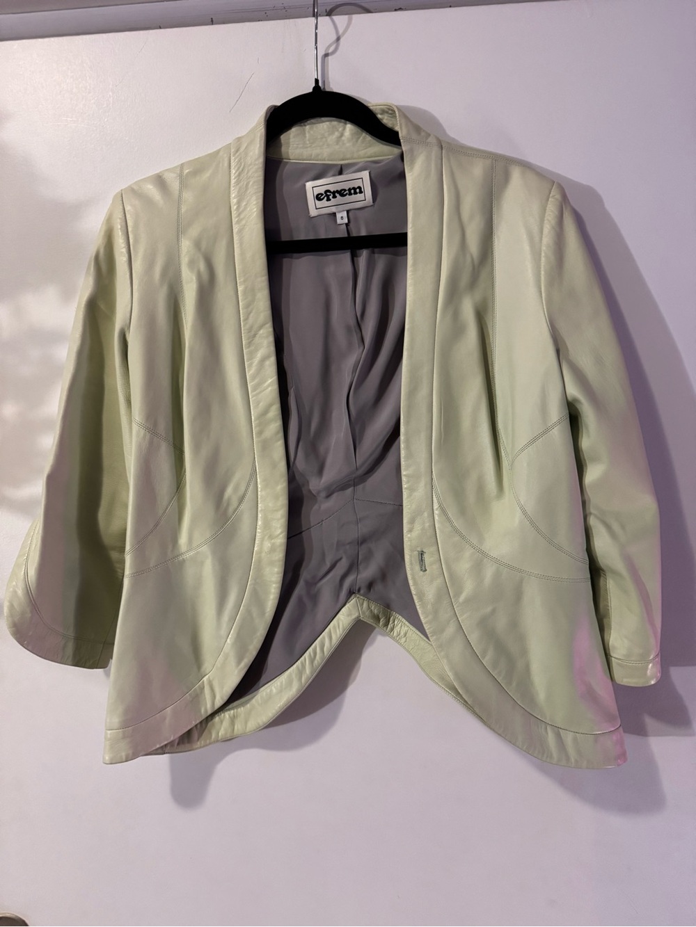 Vintage EFREM Women's Light Green Leather Open-Front Jacket 80s Funky Sleeves